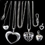 5 Danish silver heart pendant necklaces, makers include Bernhard Hertz, largest height 44.3mm, 40.6g