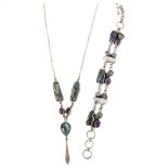 A modern sterling silver stone set matching necklace and bracelet set, necklace length 45cm,