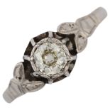 An Art Deco 18ct white gold 0.4ct solitaire diamond ring, cage set with old-cut diamond and floral