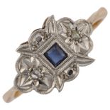 An Art Deco 9ct gold sapphire and diamond panel ring, set with square-cut sapphire and rose-cut