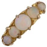 A graduated five stone opal half hoop ring, unmarked gold settings with round cabochon opal, setting