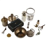 Various silver and plate, including miniature silver chamberstick, scent bottle etc Lot sold as seen