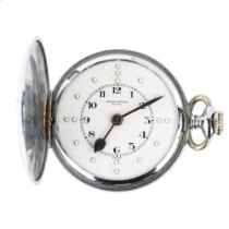 RECORD WATCH CO - a chrome plated full hunter braille pocket watch, white enamel dial with Arabic