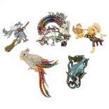 KIRKS FOLLY - a set of 5 costume jewellery brooches, including the Mad Hatter, largest height 9.