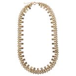 A late 20th century 9ct gold fringe necklace, textured and polished settings, necklace length