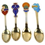 ANTON MICHELSEN - 4 Danish vermeil sterling silver and enamel Christmas spoons, dated 1968, 1974,