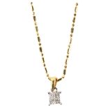 A modern 18ct gold Princess diamond cluster pendant necklace, on 18ct fine fancy link chain, total