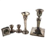 Various silver, including table candlestick, pair of miniature taper stick holders etc, largest
