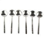 A set of 6 Arts and Crafts unmarked silver teaspoons, with planished bowls, length 10cm No damage or