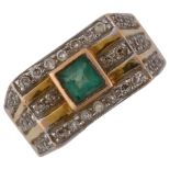 A large modern 18ct gold emerald and diamond signet ring, set with square step-cut emerald and