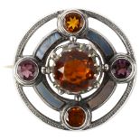 A Scottish unmarked silver stone set Targe shield target brooch, set with citrine amethyst and