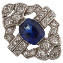 An Art Deco platinum sapphire and diamond panel ring, geometric design set with oval mixed-cut