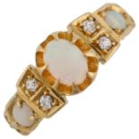 An early 20th century 18ct gold opal and diamond dress ring, set with oval cabochon opal and