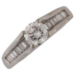 A 9ct white gold 0.6ct solitaire diamond ring, prong set with modern round brilliant-cut diamond and