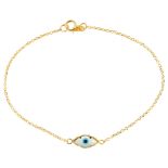 A 14ct gold mother-of-pearl eye bracelet, with fine cable link chain, bracelet length 18cm, 0.9g