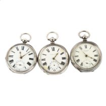 3 silver open-face key-wind pocket watches, including example by Edwin Owens of Wrexham, largest