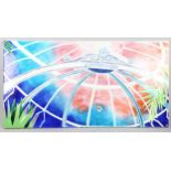 A large enamel painted wall panel, Kew conservatory, signed with monogram, 62cm x 120cm 3cm chip