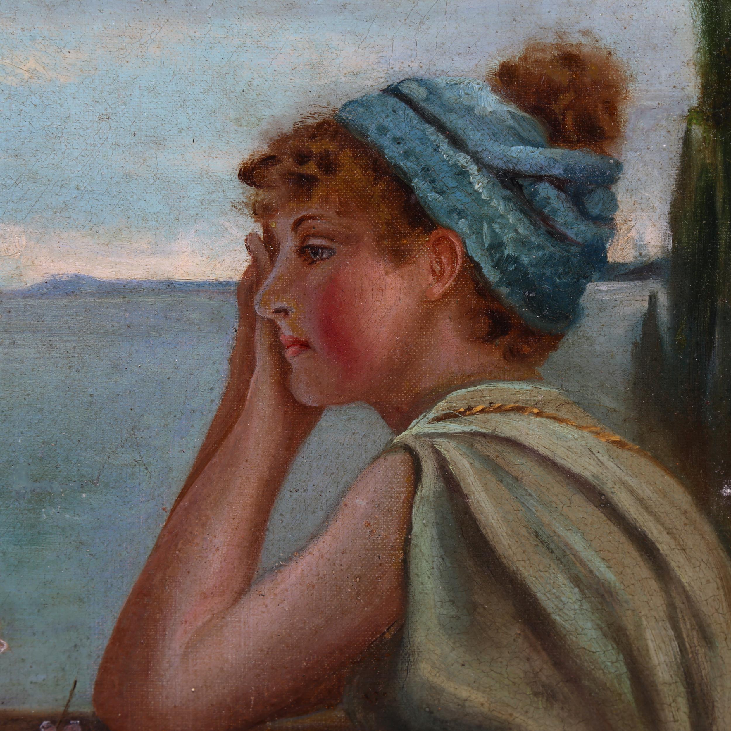 Pre-Raphaelite School, Classical girl on a terrace, 19th century oil on canvas, unsigned, 53cm x - Image 2 of 4