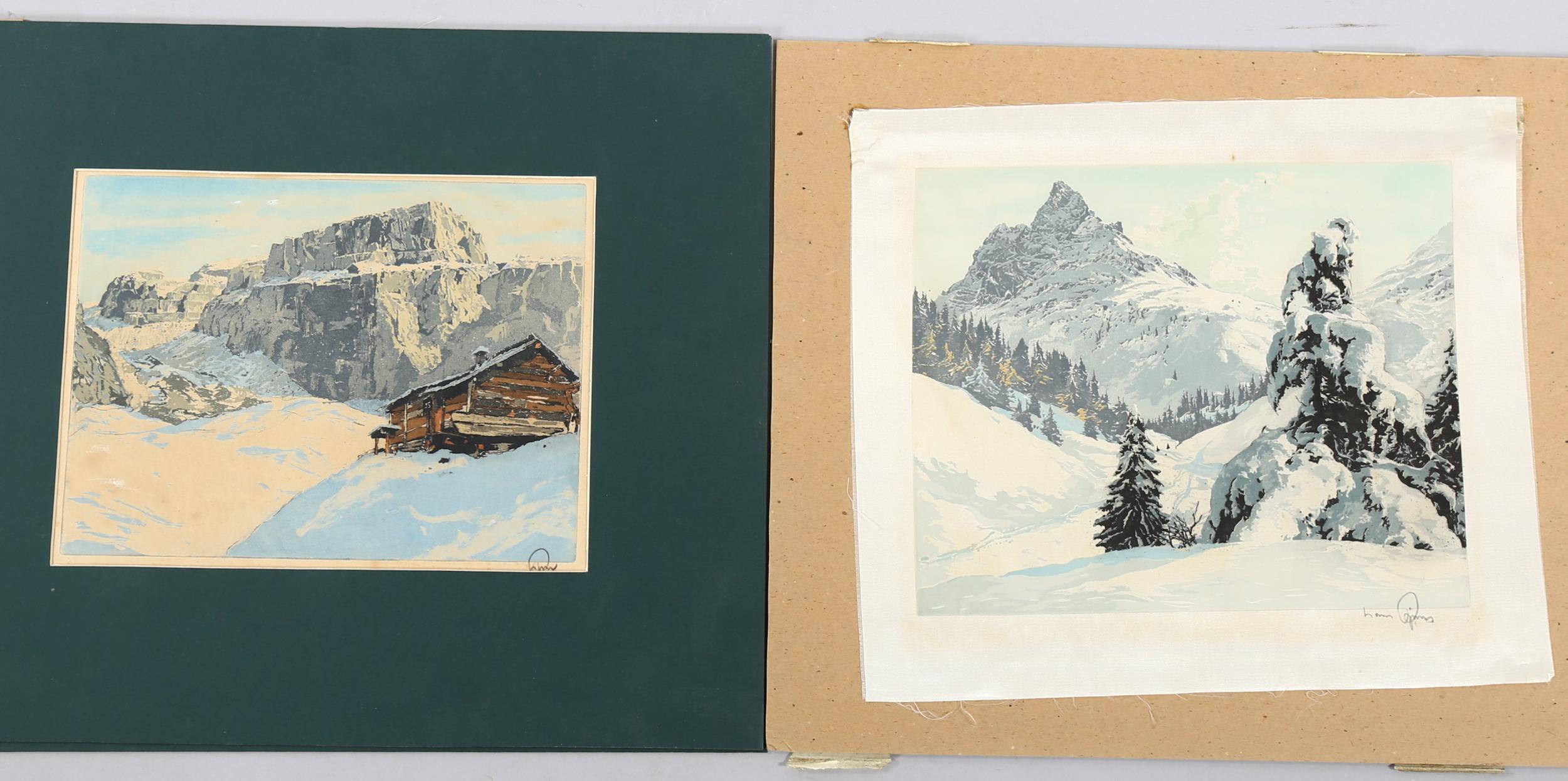 Pair of coloured etchings on silk, Alpine landscapes, indistinctly signed in pencil, image 19cm x