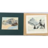 Pair of coloured etchings on silk, Alpine landscapes, indistinctly signed in pencil, image 19cm x