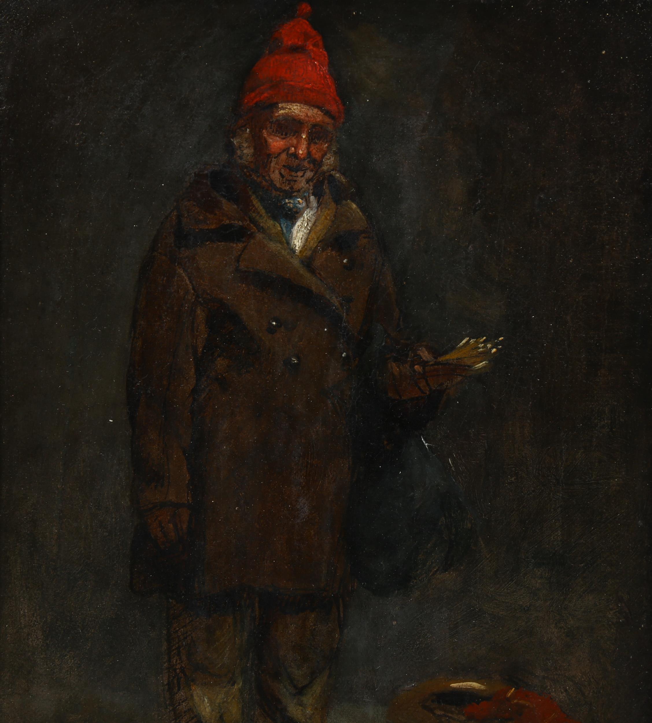 19th century oil on canvas, portrait of a match seller, unsigned, 26cm x 20cm, framed Canvas has - Image 2 of 4