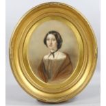 19th century watercolour, oval portrait of a woman, unsigned, image 36cm x 30cm, framed Good