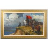 20th century Russian School, soldiers on horseback on a clifftop, unsigned, 60cm x 110cm, framed
