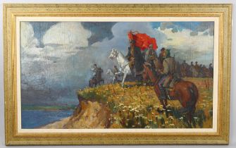 20th century Russian School, soldiers on horseback on a clifftop, unsigned, 60cm x 110cm, framed