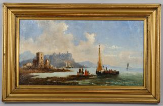 19th century oil on canvas, Continental harbour scene, indistinctly signed, 35cm x 65cm, framed Good