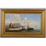 19th century oil on canvas, Continental harbour scene, indistinctly signed, 35cm x 65cm, framed Good