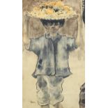 Floris?, portrait of a street vendor, watercolour, indistinctly signed, 40cm x 23cm, framed Paper