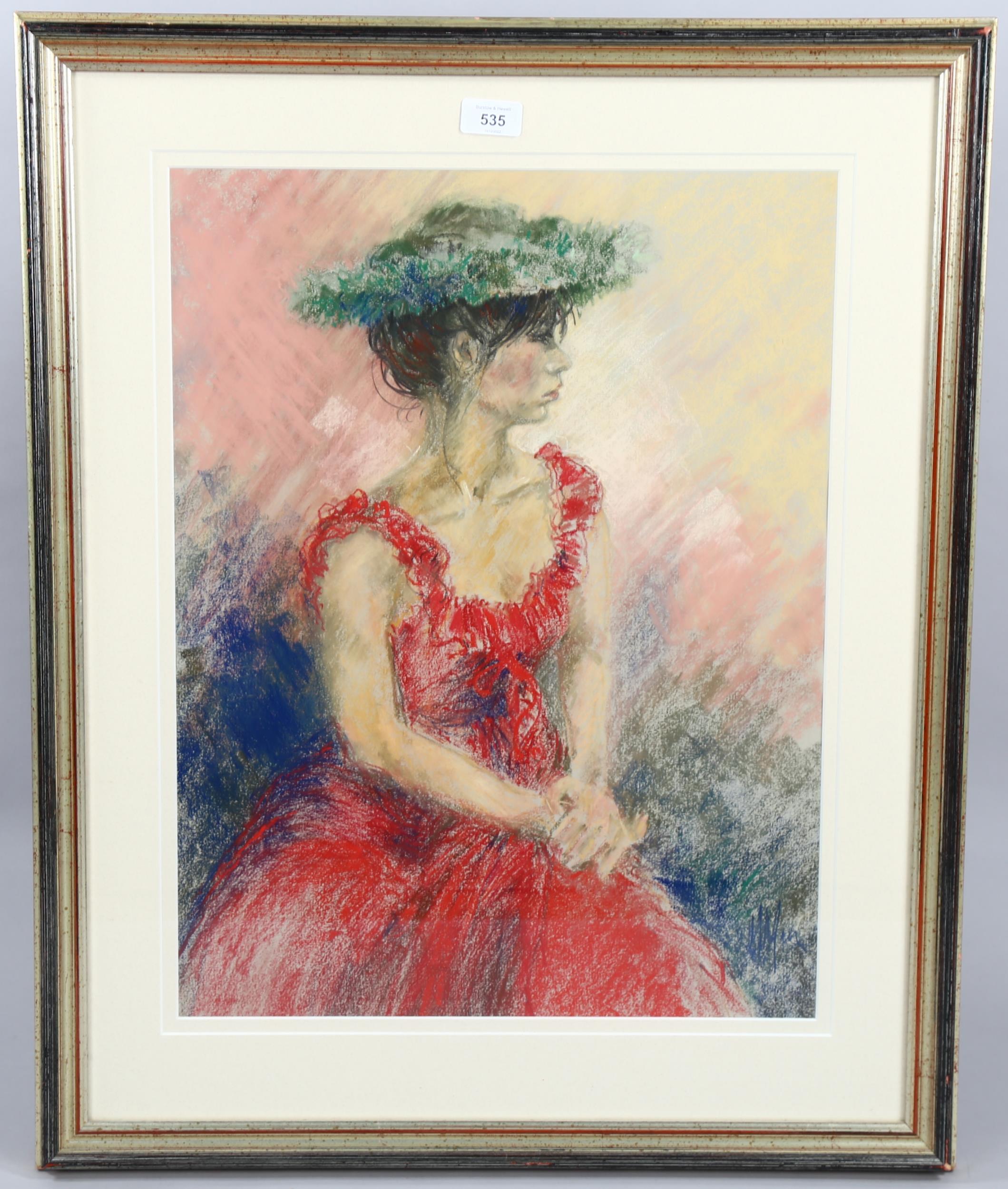 Maureen Jordan, the green hat, coloured pastels, signed, 55cm x 42cm, framed Good condition - Image 2 of 4