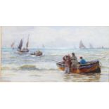 William Henry Borrow, Hastings fishing fleet, signed, 18cm x 33cm, framed A few very faint fox marks