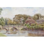 S Rayner, stone bridge towards a country house, watercolour, signed, 24cm x 35cm, framed Good