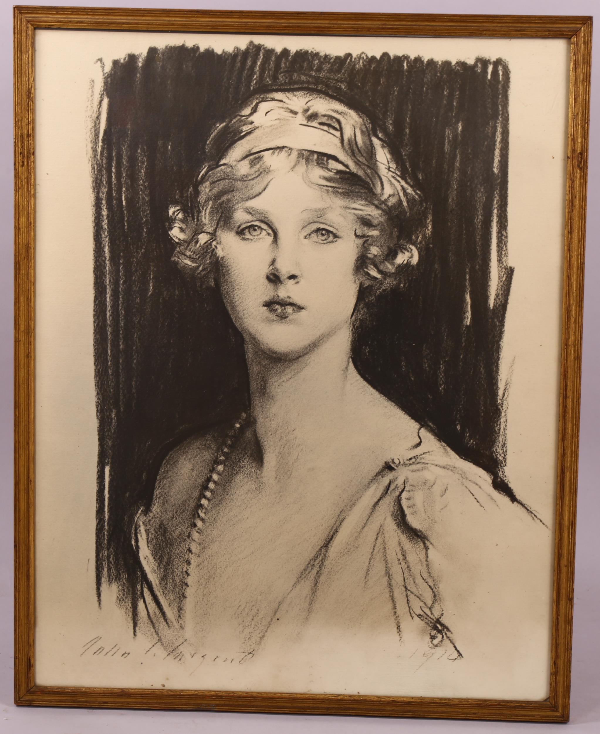 After John Singer Sargent, portrait of Lady Diana Manners, lithograph, 60cm x 48cm, framed Good