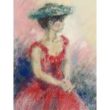 Maureen Jordan, the green hat, coloured pastels, signed, 55cm x 42cm, framed Good condition