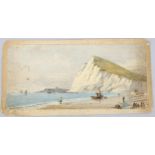 19th century watercolour, beach scene, unsigned, 25cm x 50cm, unframed Paper discolouration and