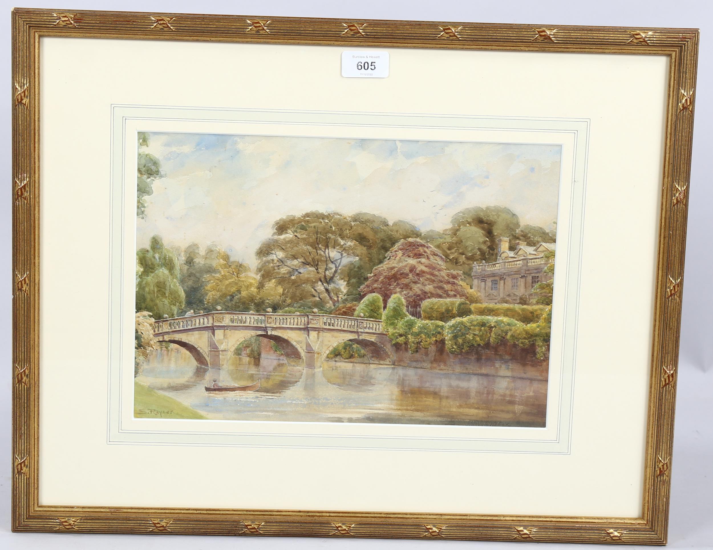 S Rayner, stone bridge towards a country house, watercolour, signed, 24cm x 35cm, framed Good - Image 2 of 4