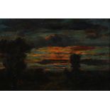 Attributed to Pierre Rousseau (1812 - 1867), sunset landscape, oil on wood panel, signed with