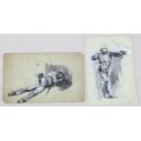 Richard Caton Woodville, 2 original illustrations, studies of soldiers, monochrome watercolours,