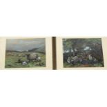 J B Constable, pair of coloured pastels, sheep in fields, 25cm x 33cm, framed Good condition