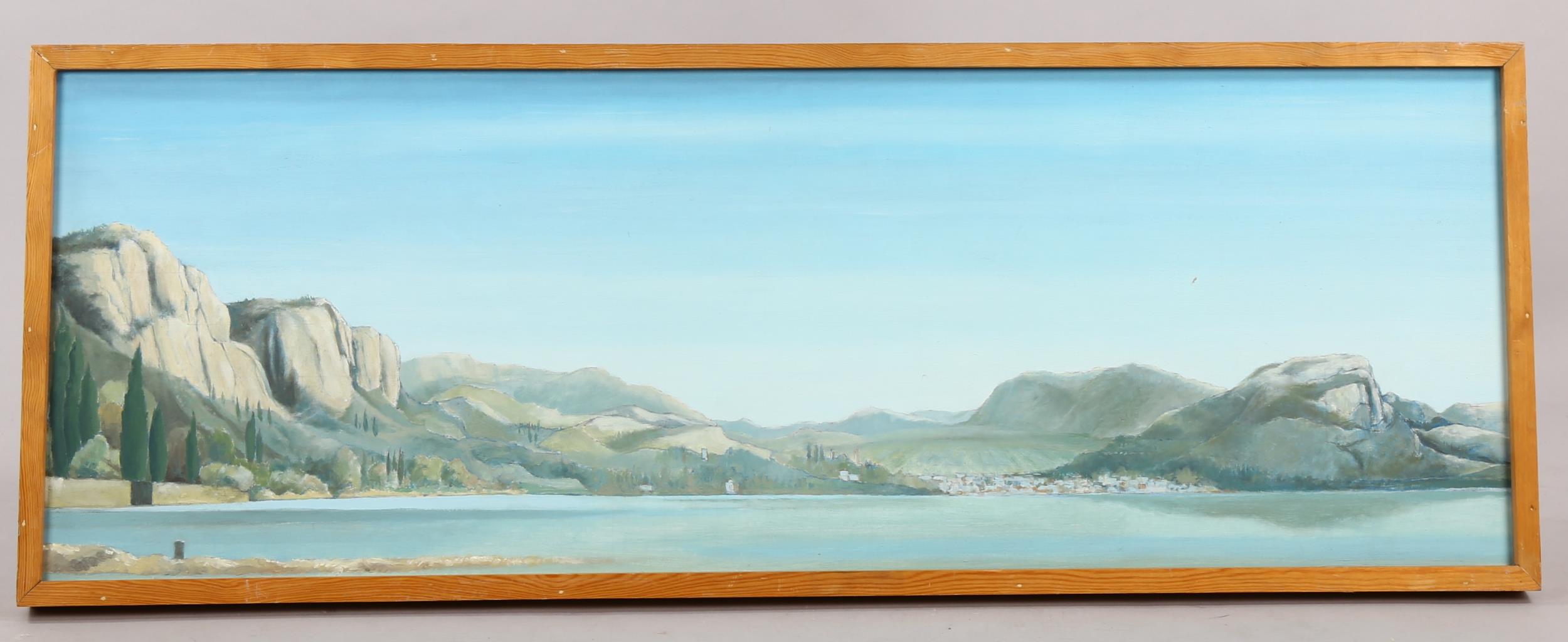 Richard Wyndham Finch (1926-2011), oil on board, Italian Seascape, 31cm x 90.5cm, framed