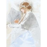 Watercolour, woman playing the harp, early 20th century, unsigned, 31cm x 23cm, framed Good