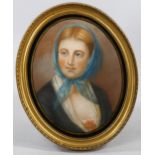 19th century portrait of a girl, oval coloured pastels, unsigned, 33cm x 25cm, framed Good condition