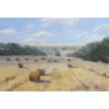 Michael Bennett, harvest landscape, coloured pastels, signed, 34cm x 48cm, framed Good condition