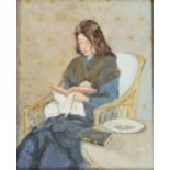 20th century English School, woman reading a book, unsigned, 26cm x 20cm, part of original label