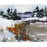 J W Beatty, fox in snow, oil no board, signed, 45cm x 55cm, framed Good condition