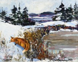 J W Beatty, fox in snow, oil no board, signed, 45cm x 55cm, framed Good condition