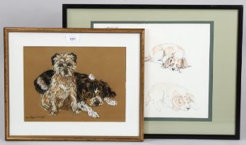 Jean Parry Williams, portrait of 2 dogs, charcoal and chalk on brown paper 1967, signed, 22cm x