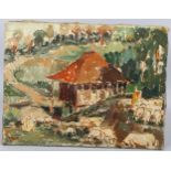 Indian School, farm scene, oil on canvas, indistinctly signed, dated '57, 38cm x 50cm, unframed